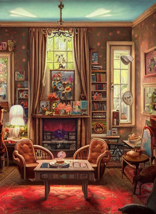 Prompt: highly detailed wide - angle portrait of a retro 1 9 6 0 s living room, nicoletta ceccoli, mark ryden, lostfish, earl nore, hyung tae, frank frazetta, global illumination, god rays, detailed and intricate environment