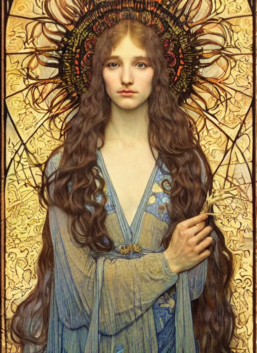 Image similar to detailed realistic beautiful young medieval queen face portrait by jean delville, alphonse mucha, vincent van gogh, and marco mazzoni, art nouveau, symbolist, visionary, gothic, pre - raphaelite
