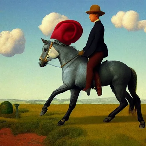 Image similar to a horse-riding-adventure by Raphael, Hopper, and Rene Magritte. detailed, romantic, enchanting, trending on artstation.