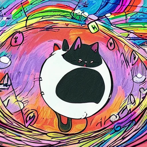 Image similar to a tiny round cat with rainbow fur and multicolored eyes underneath the Eiffel tower in paris in the style of studio ghibli, chibi, cute, adorable