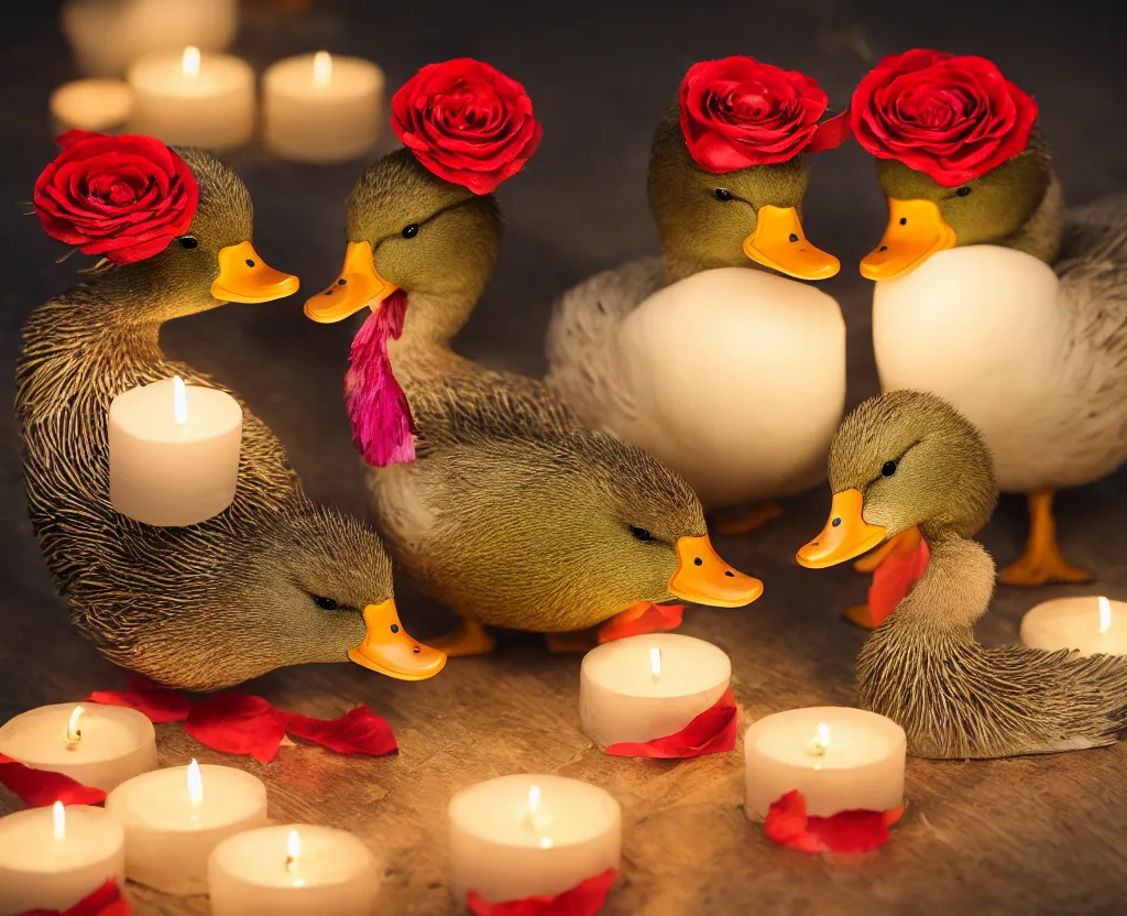 Prompt: two ducks with funny hats on their heads having a romantic dinner with candles champagne petals roses, highly detailed, 8 k ultrahd hd resolution