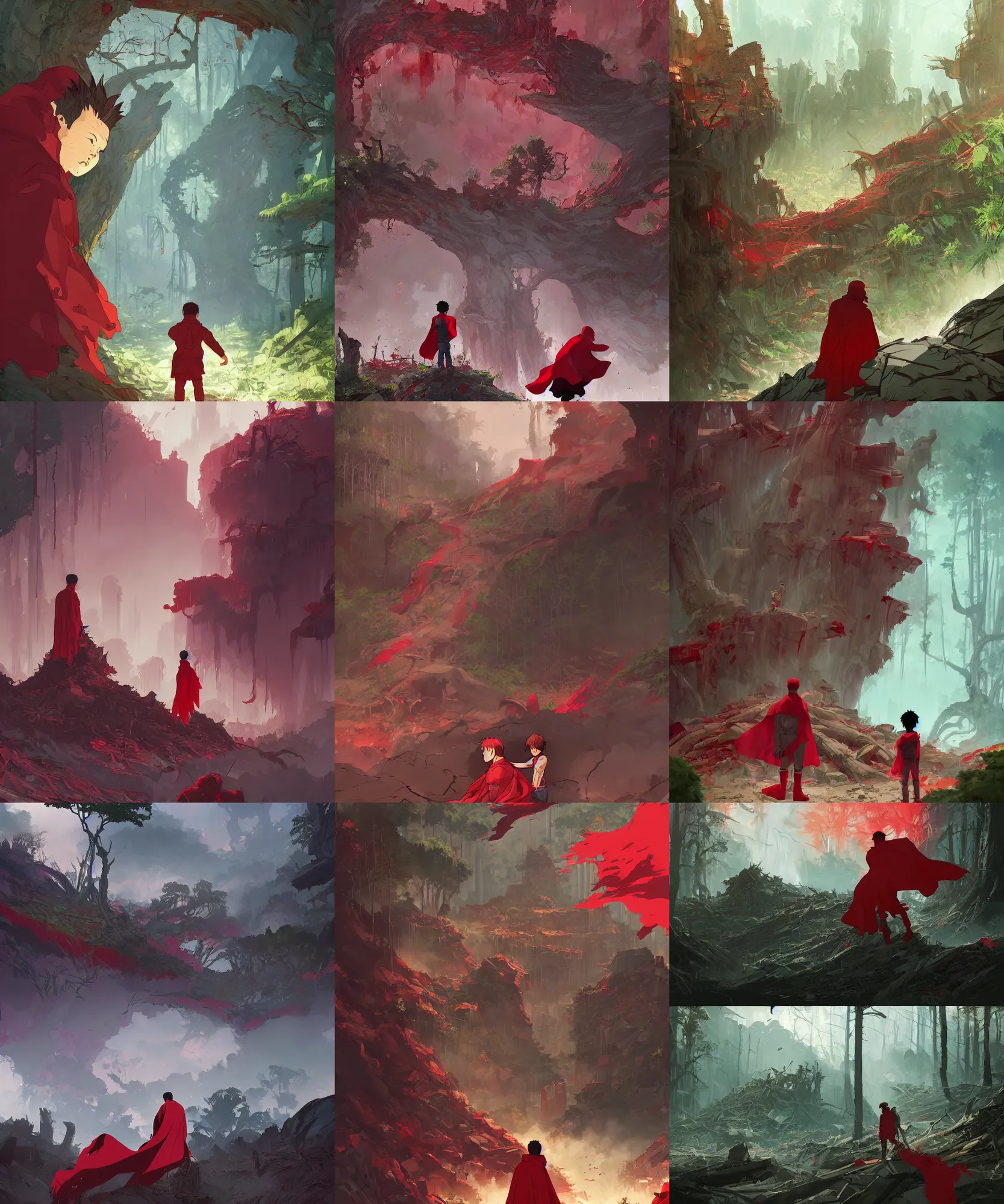 Prompt: a scene of a destroyed forest and tetsuo crying over the ruins with red cape from akira, vibrant colors and hard shadows and strong rim light, comic cover art, plain background, trending on artstation, in the style of atey ghailan and charlie bowater and mike mignola and artgerm