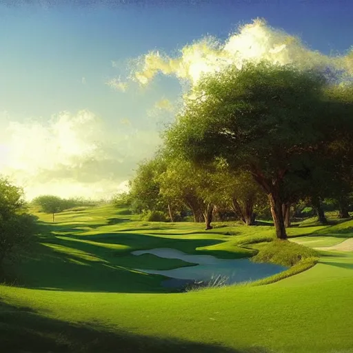 Prompt: beautiful lush golf course, big fluffy clouds, landscape, nature, craig mullins