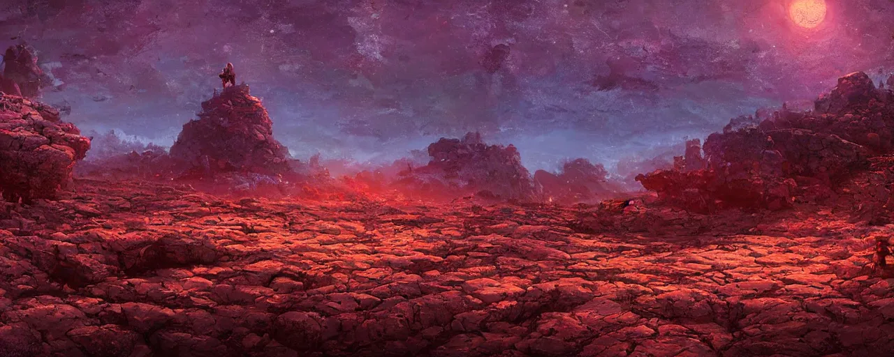 Image similar to ” barren rocky landscape at night, [ cinematic, detailed, epic, widescreen, opening, establishing, mattepainting, photorealistic, realistic textures, octane render, art by paul lehr ] ”