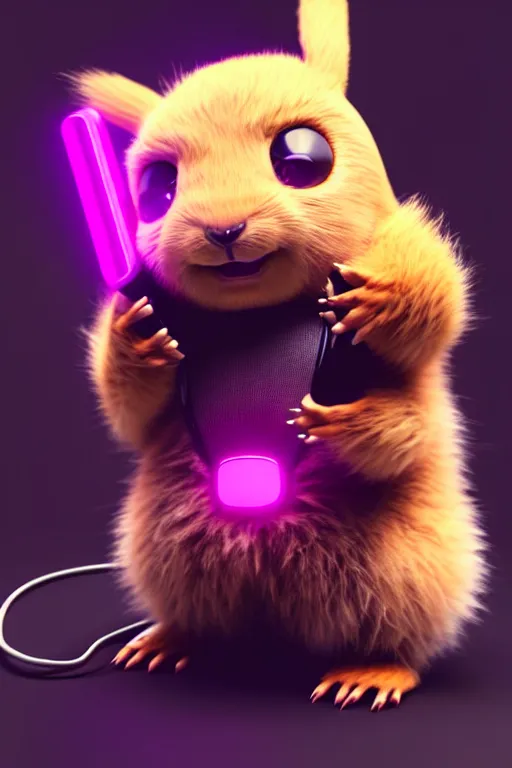 Prompt: high quality 3 d render neo - cyberpunk very cute half fluffy! wombat!! half cyborg with headphones, mechanical paw, highly detailed, unreal engine cinematic smooth, in the style of detective pikachu, hannah yata charlie immer, neon purple light, low angle, uhd 8 k, sharp focus