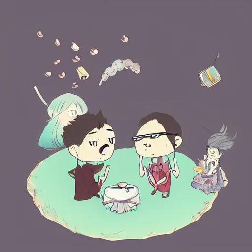 Image similar to tiny imaginary creatures having a tea party inside a human's beard. anime. in a style of hayao miyazaki.