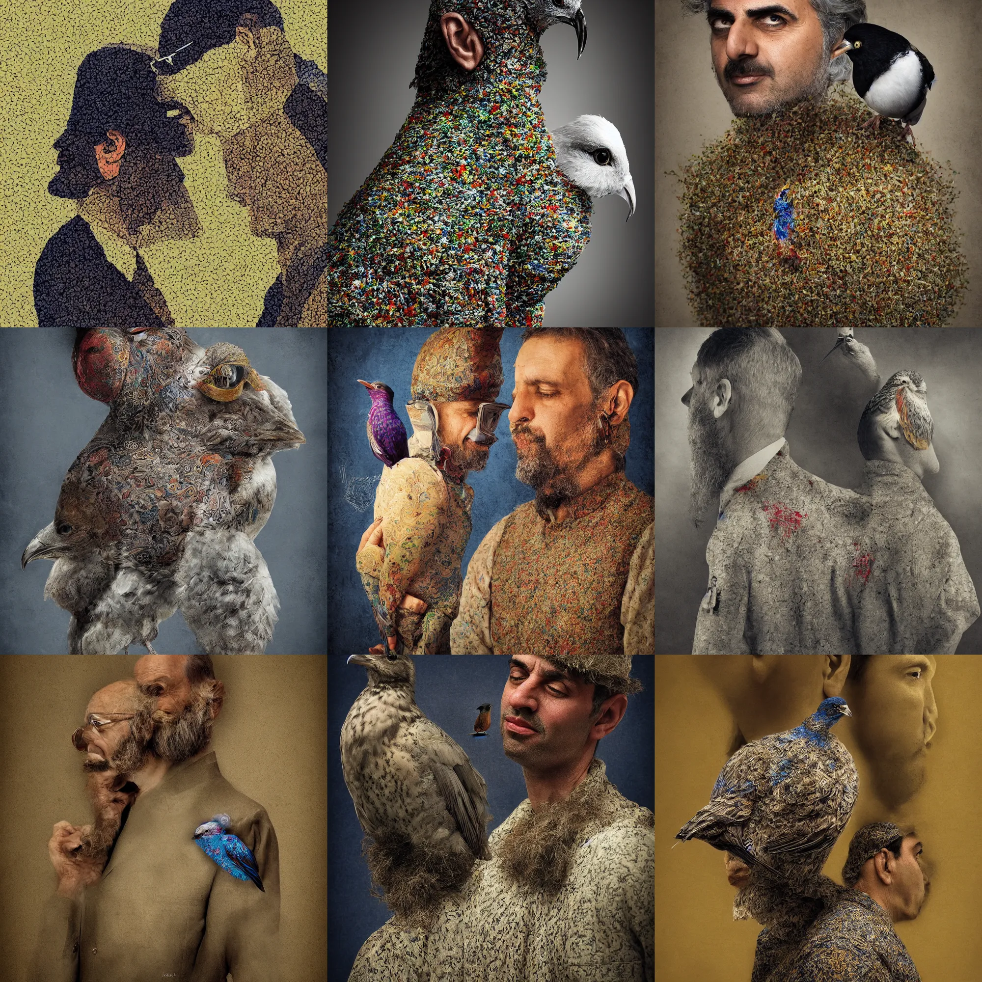 Prompt: portrait of a magic 3d Persian Carpetman, bird on his shoulder, surreal, depth of field, by Jonas Jensen