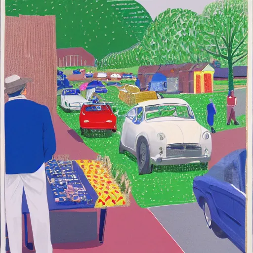 Image similar to an Englishman visits a car boot sale by David Hockney