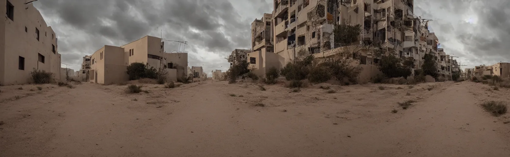 Prompt: cloudy skies above a wide, empty, sandy middle eastern laneway, suitable for hiphop music video background, shot by david lynch, beautiful decay, dusk light, dusk colour palette