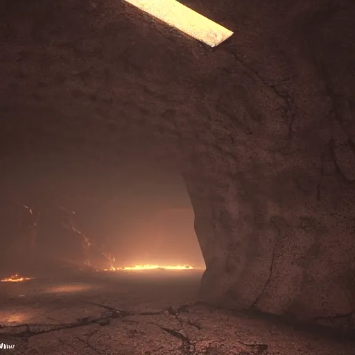 Image similar to a cave - like underground post - apocalyptic nuclear bunker lit only by a small crack in the ceiling that casts light on the devil himself lurking inside. octane render, 4 k, photorealism