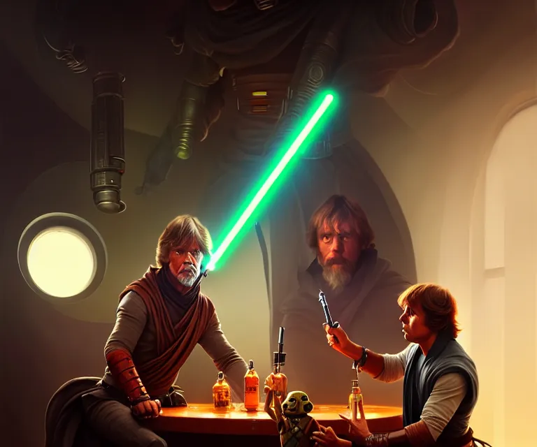 Image similar to grogu meets luke skywalker at the cantina in moss eisley, dramatic lighting, electrical details, high details, 8 k, best, accurate, trending on artstation, photorealism, ultrarealistic, digital painting, style of peter mohrbacher, caravaggio, boris vallejo