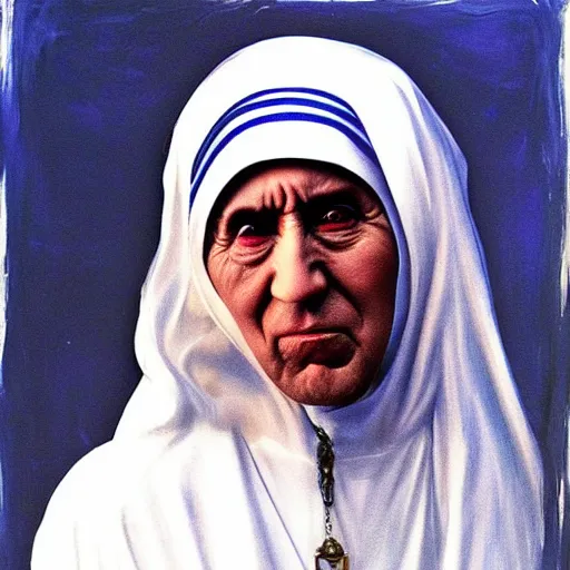 Prompt: nic cage as mother teresa, buff, painted portrait, highly detailed,