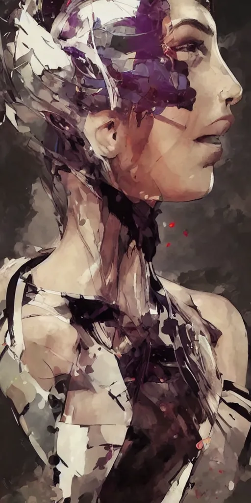 Image similar to a beautiful side portrait painting of an angelical nurse. she has a purple cross in her forehead. looks like an angel. art by yoji shinkawa and sandra chevrier, trending on artstation, award - winning, perfect composition.