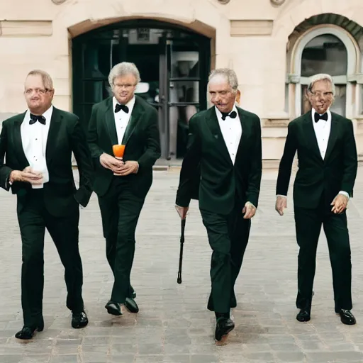 Prompt: 5 middle aged men wearing tuxedos, each man is holding a green bottle