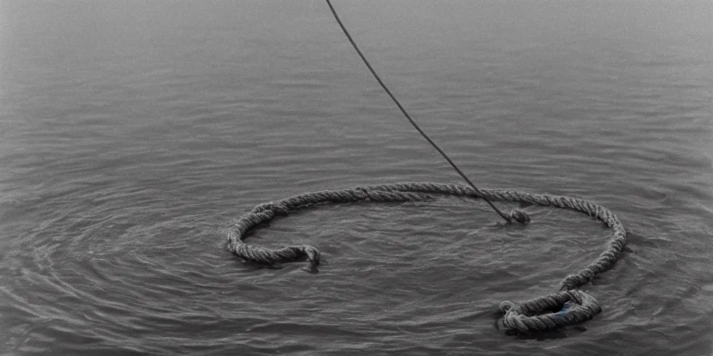 Prompt: symmetrical photograph of an infinitely long rope submerged on the surface of the water, with an uhnicorn, the rope is snaking from the foreground towards the center of the lake, a dark lake on a cloudy day