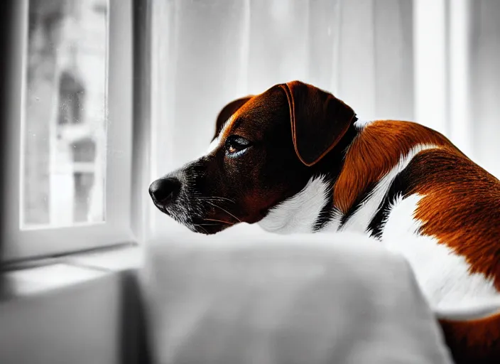 Image similar to photography of a Jack Russel . watching outside the window. on a bed. in a vintage room full of vinyls and posters.,volumetric light, photorealistic,, award winning photo, 100mm, sharp, high res