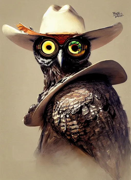 Image similar to owl in a cowboy hat and eye mask disguise, marvel comics, dark, intricate, highly detailed, smooth, artstation, digital illustration by Ruan Jia and Mandy Jurgens and Artgerm and Wayne Barlowe and Greg Rutkowski and Frank Frazetta