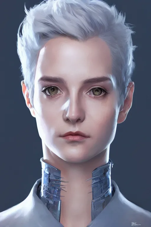 Image similar to science-fiction character portrait of Victor Nikiforov, short silver hair, tall, elegant, highly detailed, digital painting, artstation, upper body, concept art, smooth, sharp focus, illustration, art by artgerm and greg rutkowski and alphonse mucha