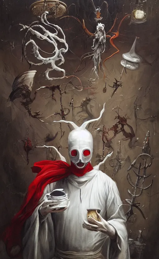 Image similar to a painting of a white robed magician behind a table, hands gesture as above so below, red mantle cup, sword, pentacle, wand, a surrealist painting by marco mazzoni, peter mohrbacher, nychos, cgsociety, neo - figurative, detailed painting, rococo, oil on canvas, seapunk, biomorphic, lovecraftian