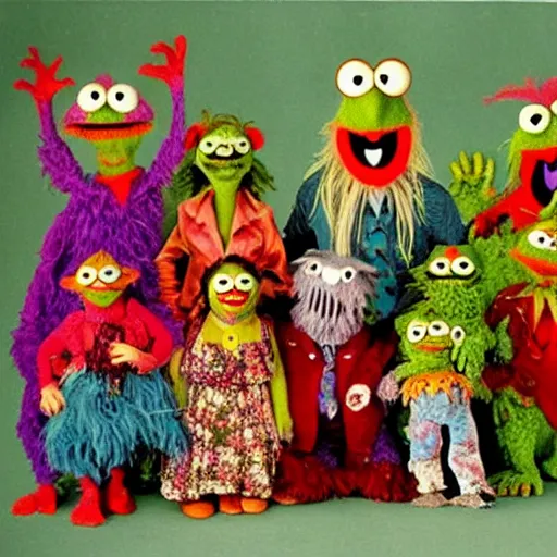 Prompt: zombie fraggle rock muppets, family photo of zombie muppets, photo from the 7 0 s