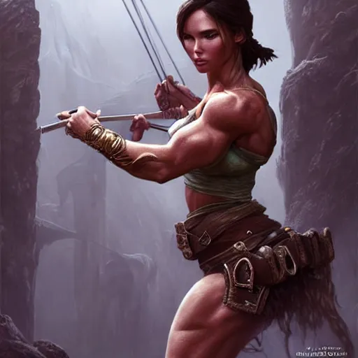 Image similar to lara croft as a female bodybuilder sorceress, fantasy, intricate, elegant, highly detailed, digital painting, artstation, concept art, matte, sharp focus, illustration, art by aenaluck and roberto ferri and greg rutkowski, epic fantasy, digital painting