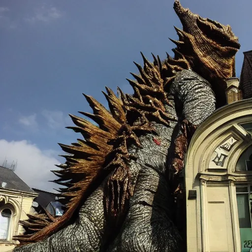 Image similar to the church of moigny sur ecole is being attacked by godzilla