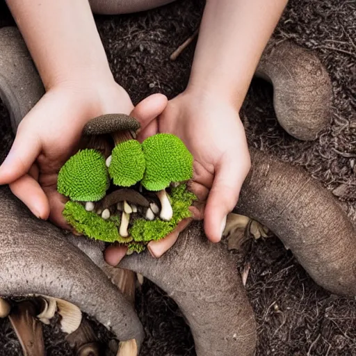 Image similar to hands holding a mushroom with slug texure