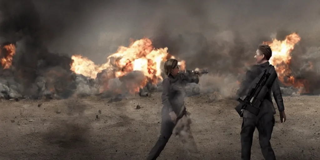 Image similar to movie still of hilary clinton fighting in libya, focused shot, close shot, realistic, smoke, fire, octane render