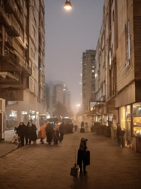 Image similar to film still of post - soviet suburbs, lights are on in the windows, deep night, post - soviet courtyard, cozy atmosphere, light fog, street lamps with orange light, several birches nearby, several elderly people stand at the entrance to the building