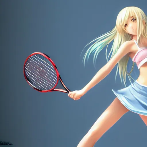 Image similar to a very beautiful young anime tennis girl, full body, long wavy blond hair, sky blue eyes, full round face,, bikini, miniskirt, front shot, highly detailed, cinematic wallpaper by stanley artgerm lau