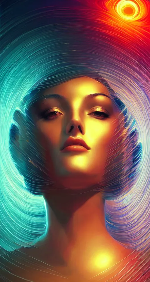 Image similar to art deco close up portait of head surrounded by spheres, like a dream digital painting cinematic dramatic fluid lines otherworldly vaporwave interesting details epic composition by artgerm