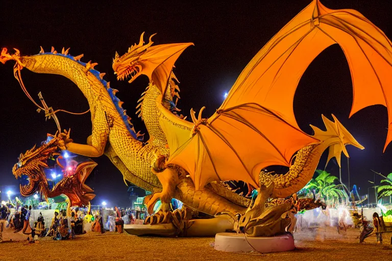 Prompt: firebreathing dragon statue at a festival in the desert at night, wide angle, F 1.4