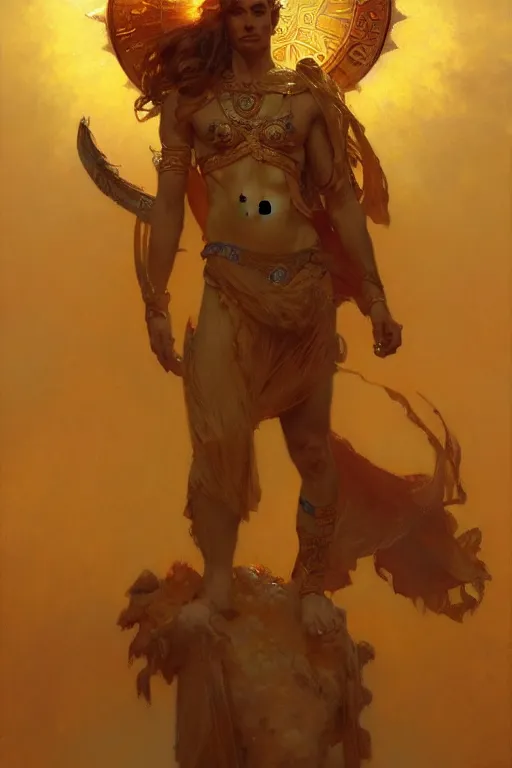 Image similar to god of sun, male character design, painting by gaston bussiere, craig mullins, greg rutkowski, alphonse mucha, trending on artstation