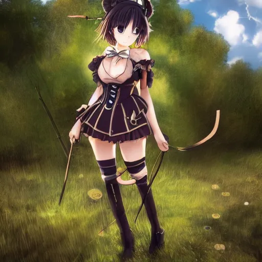 Prompt: anime girl with a steam punk outfit posing, finely detailed, full body portrait, pretty, beautiful, cinematic lighting, grass, sky, clouds, sunny, lush, anime,