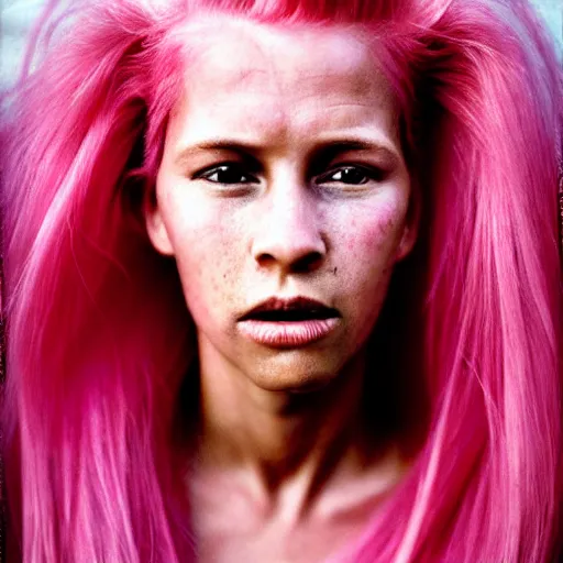 Image similar to a beautiful woman with pink hair and fair skin, portrait photograph, nikon 3 5 mm, photograph by annie leibovitz and steve mccurry,