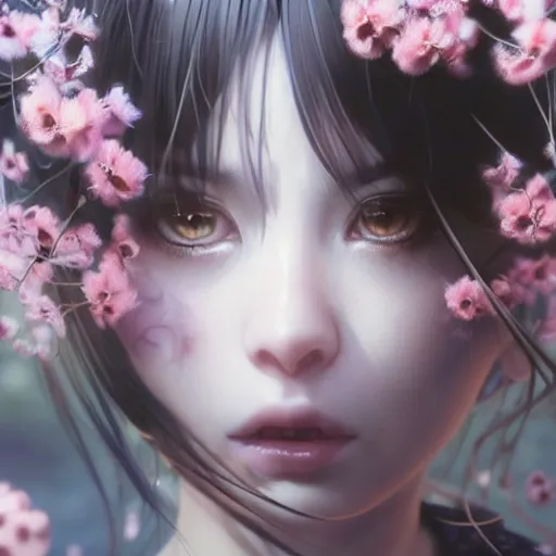 Image similar to terrifying closeup portrait of a beautiful carefree catgirl covered in strings of flowers, by katsuhiro otomo, yoshitaka amano, nico tanigawa, artgerm, greg rutkowski makoto shinkai takashi takeuchi rendered with intense 3 d effect reflective shadowing, cinematic lighting, hyperrealistic illustration uhd 8 k