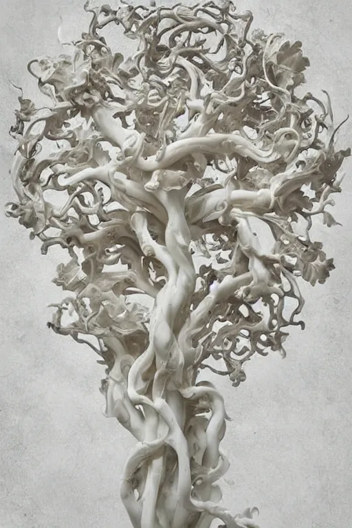 Prompt: a white piece of art that looks like a baroque flourish tree, a marble sculpture by alberto seveso, trending on cgsociety, art nouveau, rococo, biomorphic, marble sculpture