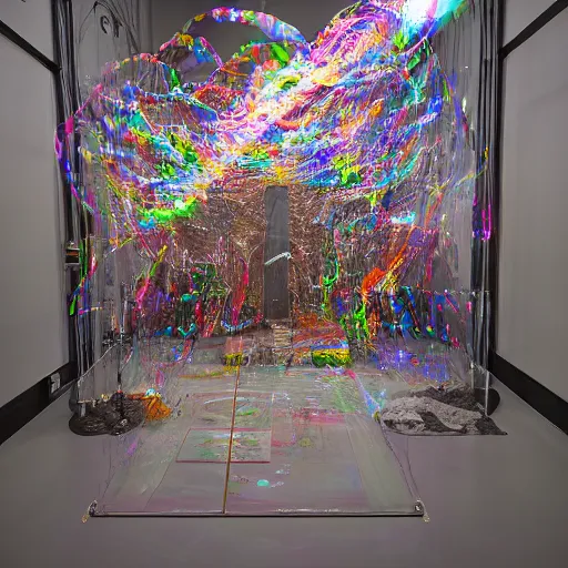 Prompt: photo, gallery view: site specific installation art, projectors, transparent foil, cellophane and wires, bricollage, on the meaning and status of relics, avantgarde, photorealistic, 8k, sharp focus, volumetric lighting