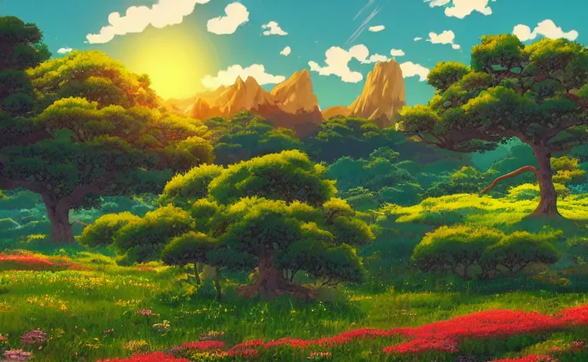 Image similar to fantastic anime sunny meadow with flowers, lone old Oak in the middle plane and mountains on the background, by Hayao Miyazaki, Nausicaa, studio Ghibli style, Anime wallpaper, stunning