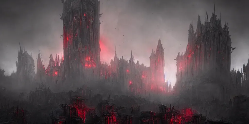 Image similar to grimdark chaos fortress, ruined, terrifying architecture, looming, dark, fog, atmospheric red lighting, flying chaos creatures, dark souls, hyperrealistic, artstation