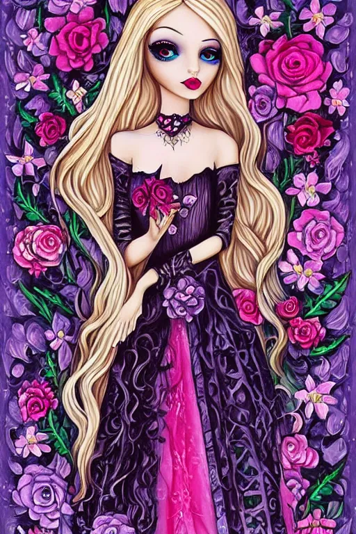 Image similar to gothic barbie with flowers painted by jeremiah ketner