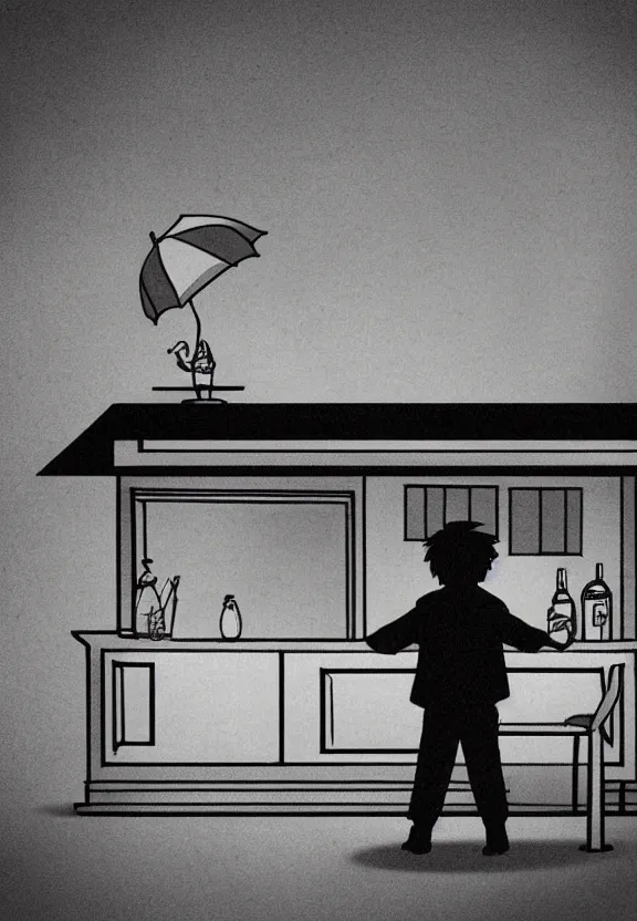 Prompt: little boy holding an umbrella in front of a bar at night, full moon, anime style, minimalist, black and white artwork,