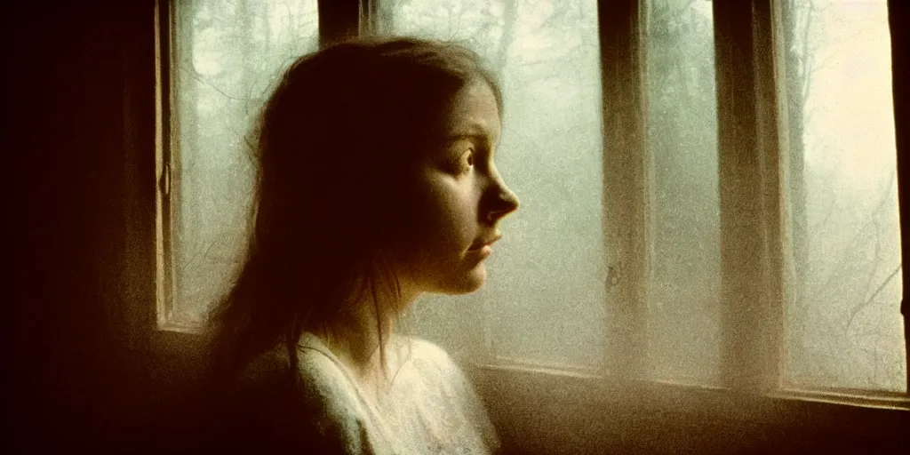 Prompt: portrait bust of young woman, tired expression, faded color film, russian cinema, tarkovsky, kodachrome, inside old cabin, next to window, heavy forest outside, long brown hair, old clothing, heavy fog, brown color palette, sunset, low light, hudson river school, 4 k, dramatic lighting, greg rutkowski