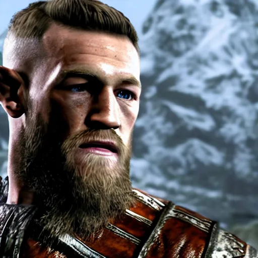 Image similar to character screenshot of conor mcgregor in skyrim, elf armor, ps 3 graphics, npc talking, wilderness, 1 0 8 0 p, bokeh, elder scrolls v, detailed, dialog text