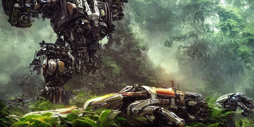 Image similar to an intricate concept art of a giant mechanical robot pilot resting in the rainforest, sci - fi film color palette, artstation, deviantart, octane render, cinematic, inception concept, michael bay film style