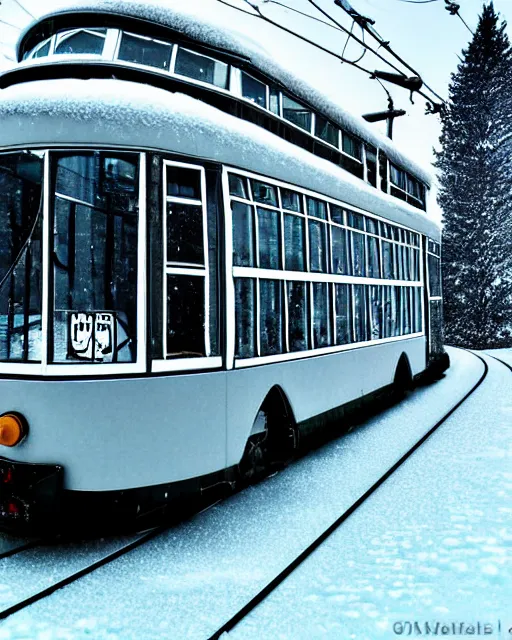 Image similar to tatra t 3 tram, ussr czech republic, side view, ice patterns on windows, winter, frost, around the city, evening, snow, into the art style and print