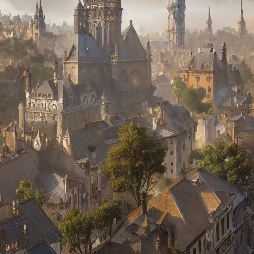 Prompt: an ultra detailed matte painting of the quaint town of galic, grid shaped city cobblestone streets, fantasy city, light snowfall, wind, inspiring gothic architecture, ultrawide lense, aerial photography, unreal engine, exquisite detail, 8 k, art by greg rutkowski and alphonse mucha