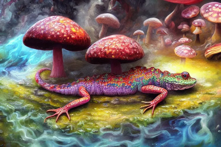 Image similar to highly detailed oil painting of a mushroom lizard in a steaming colorful hotspring, featured on artstation