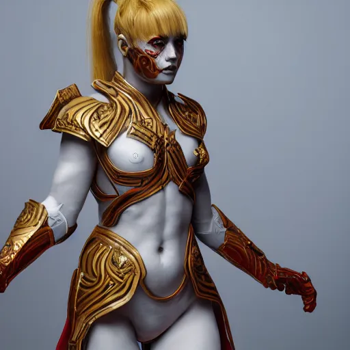 Image similar to albino girl in a ornated armor pagan facepaint, dynamic pose, detailed, photograph, award wining, red and white, trending on artstation, 4 k, unreal engine 5, octane render, neon highlights