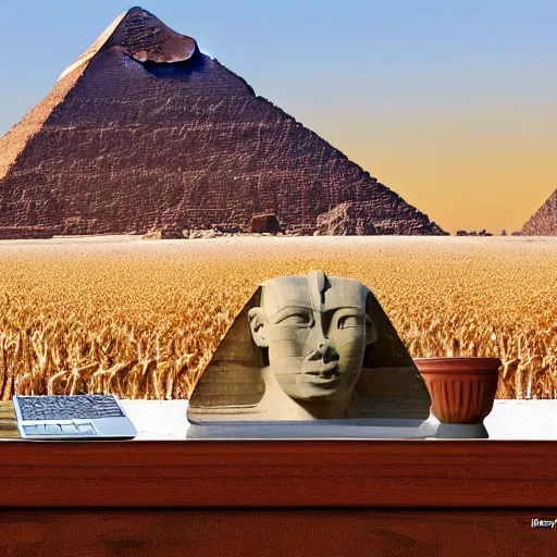 Image similar to Great Sphinx of Giza Sphinx writing code on a laptop for an important project in a corn field beatiful digital art